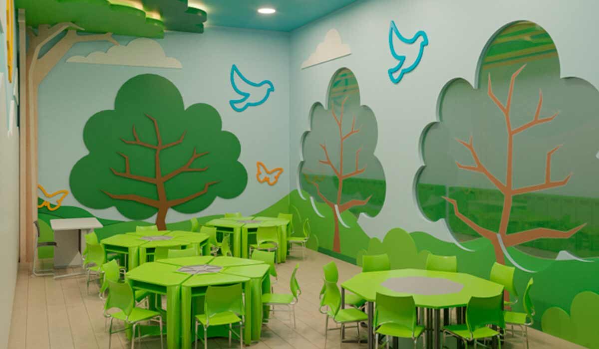 Uma sala infantil verde com temática natureza, para a conscientização à natureza - Escola Bittar